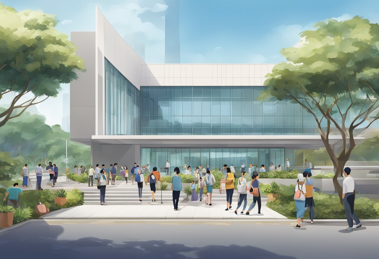 A group of people gather at the Singapore Cancer Society, with a focus on support and education. The building is modern and welcoming, with a sense of community and hope