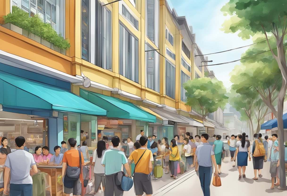 A bustling street in Serangoon Garden Way, Singapore, with people asking questions at various shops and establishments