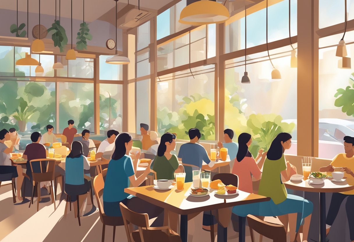 People enjoying brunch at a bustling cafe in Singapore, with colorful dishes and aromatic coffee on the tables. Sunlight streams in through large windows, casting warm rays on the cozy atmosphere