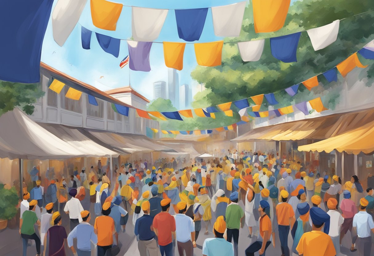 The Singapore Khalsa Association bustles with activity, with colorful flags fluttering in the breeze and people milling about the vibrant courtyard