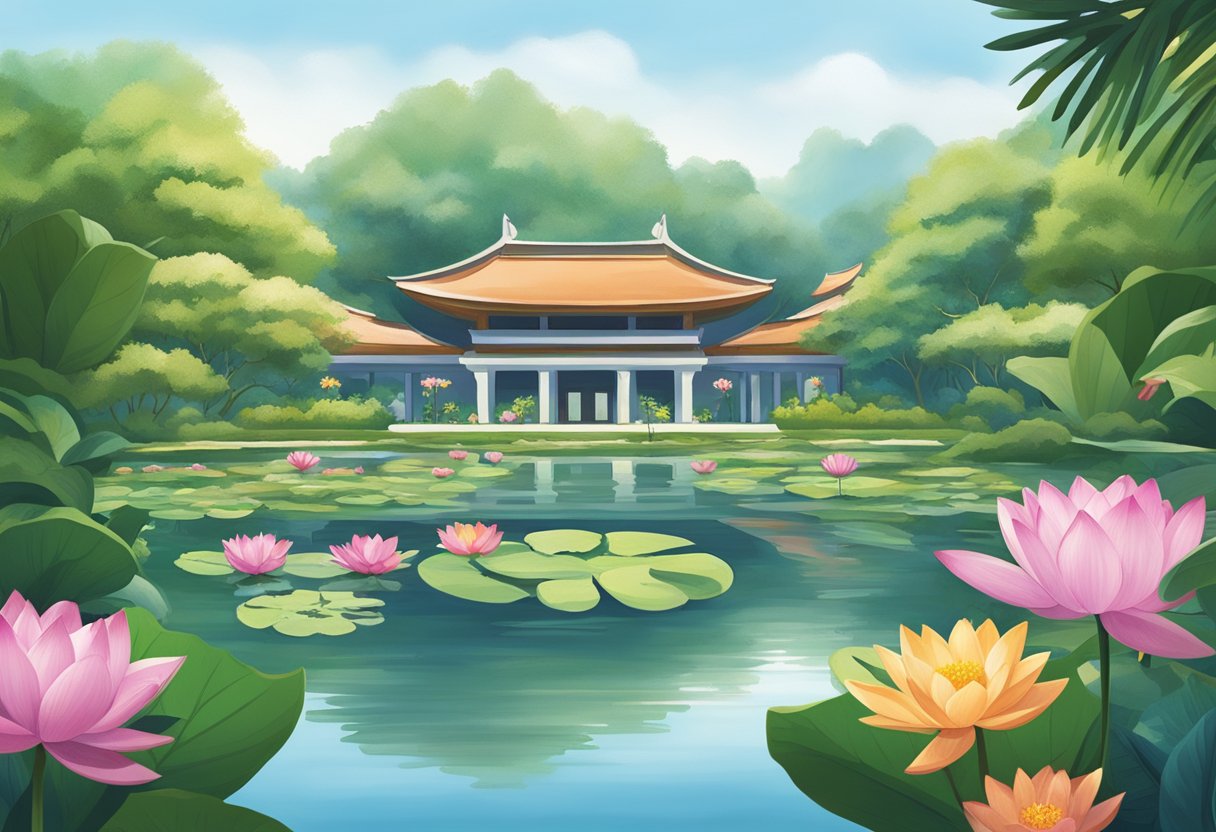 The Singapore Cancer Society's logo, a stylized lotus flower, sits atop a serene pond surrounded by lush greenery and vibrant flowers. A sense of hope and tranquility emanates from the scene