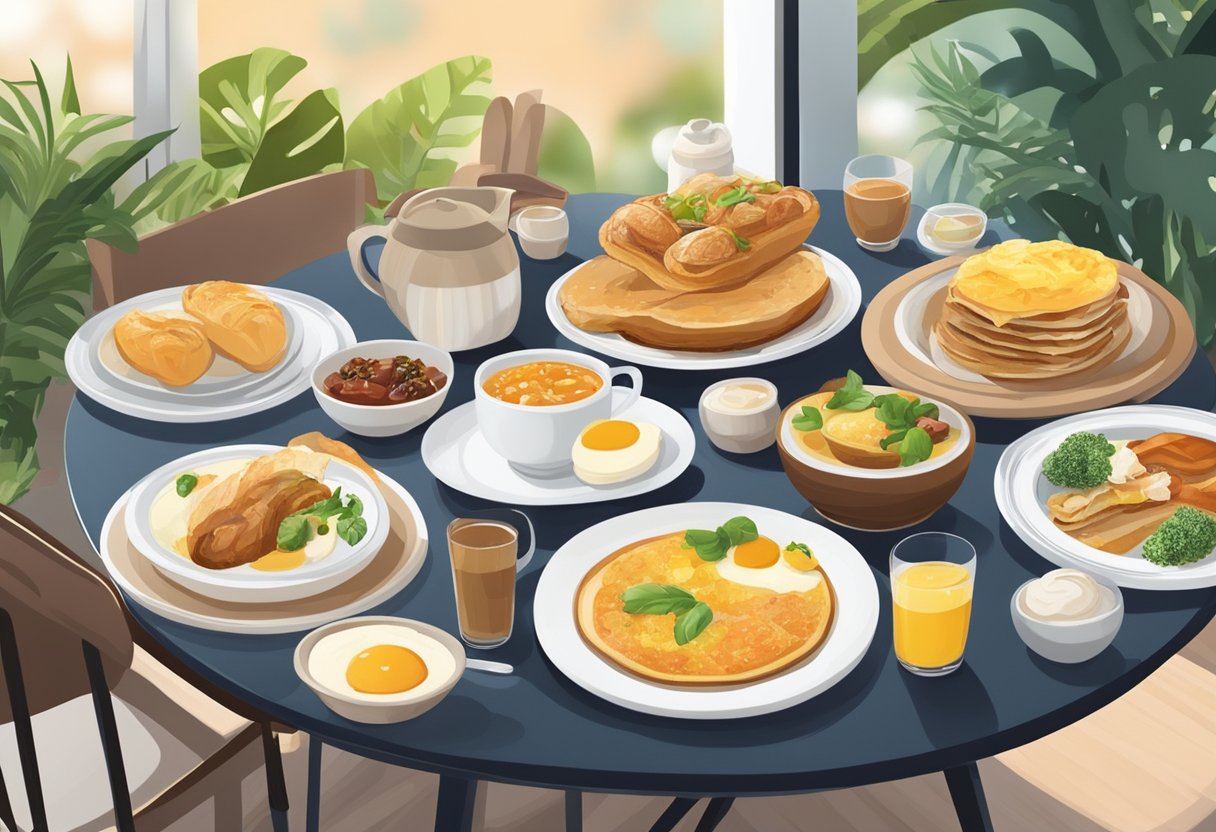 A table set with a variety of brunch menu specialties at a cozy cafe in Singapore