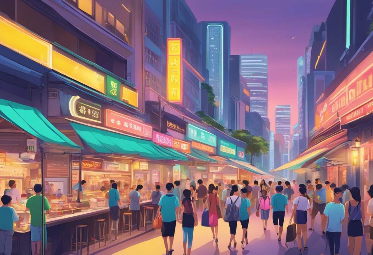 A bustling street lined with iconic Singapore brands, from food stalls to fashion boutiques, under the glow of neon lights
