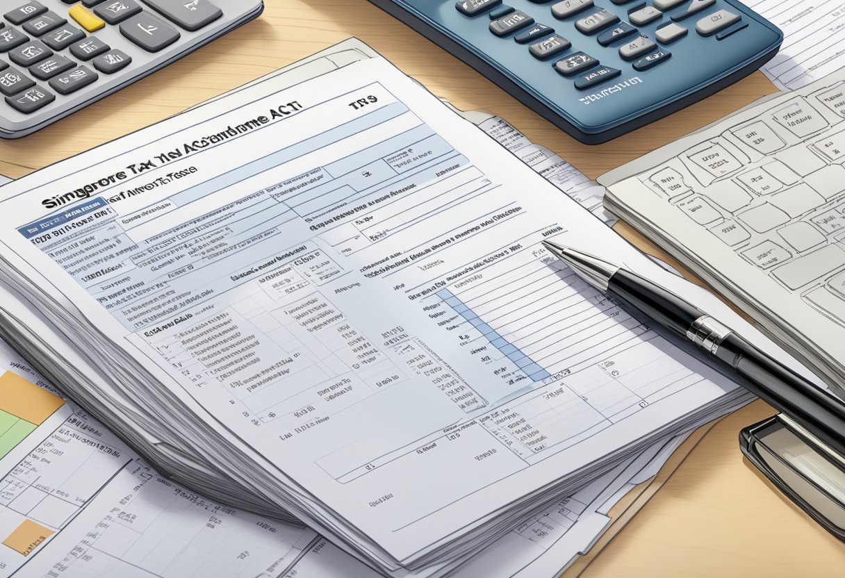 A stack of tax forms sits on a desk, surrounded by a calculator, pen, and computer. The Singapore Income Tax Act is open to a specific section, with highlighted text