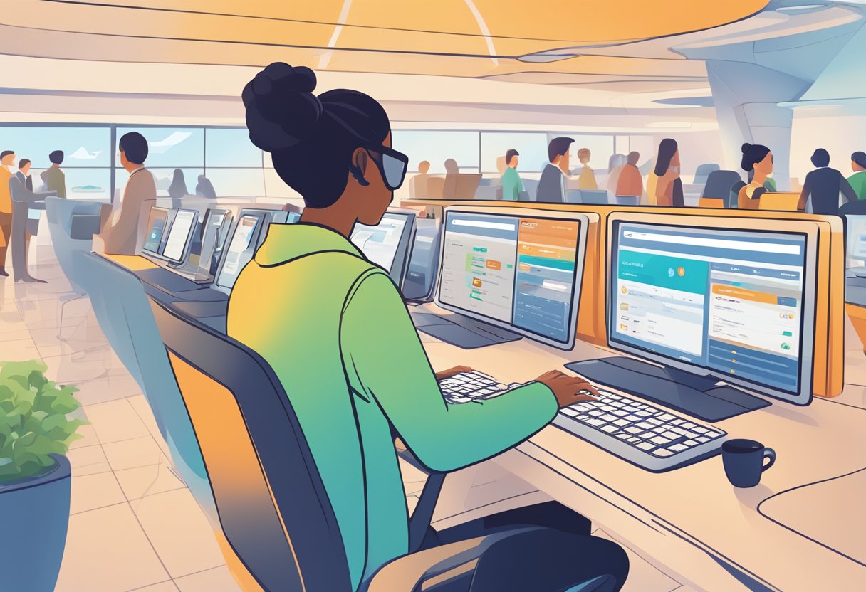 A person using a computer to navigate CDG's booking platforms, with a clear and organized interface and various options for flights and accommodations