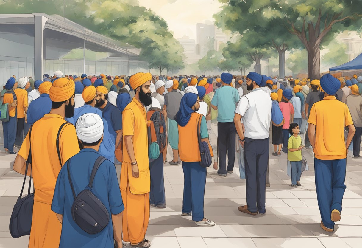 The Singapore Khalsa Association's FAQ section is bustling with people seeking information and assistance. The vibrant atmosphere is filled with a sense of community and support