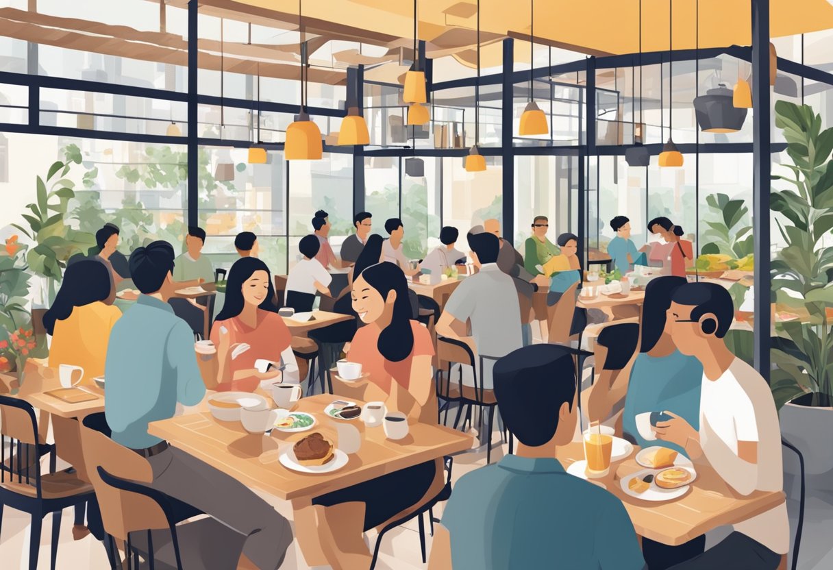 A bustling brunch cafe in Singapore with customers chatting, sipping coffee, and enjoying a variety of dishes