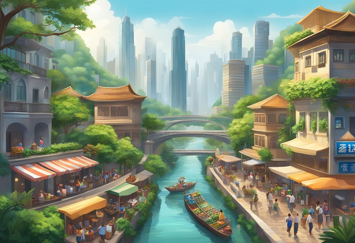 A bustling cityscape with skyscrapers and street vendors, set against a backdrop of lush greenery and a winding river
