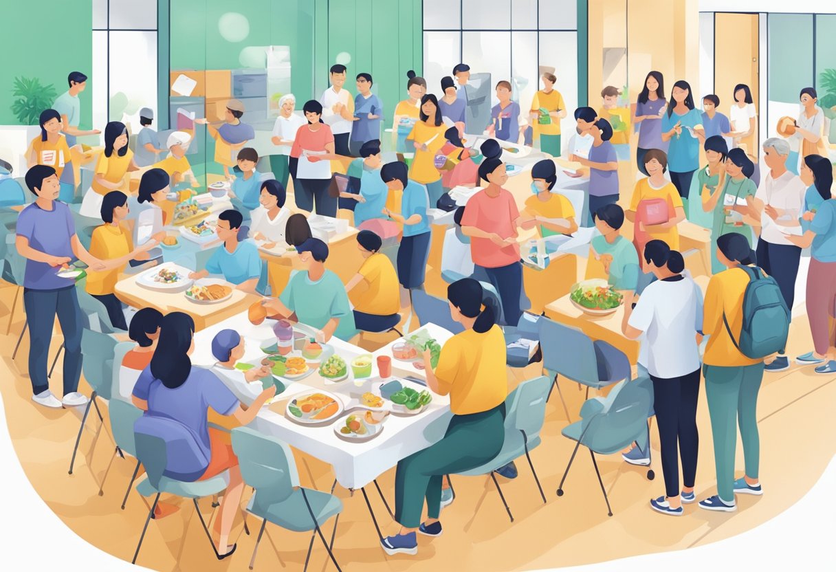 People engaging in activities at a Singapore Cancer Society event, with volunteers and participants interacting and supporting each other