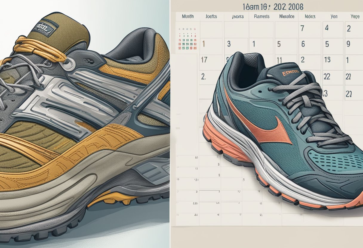 A worn-out running shoe next to a new one, with a calendar showing months of use