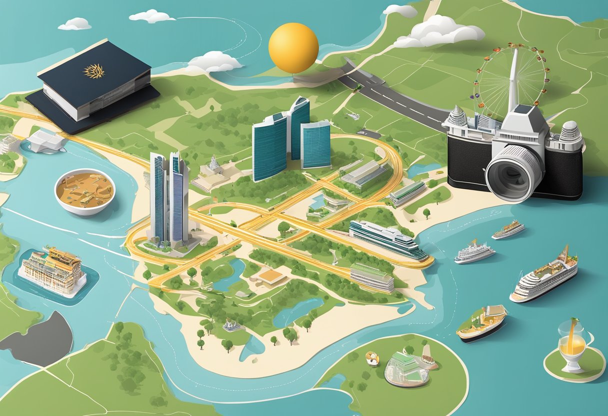 A map of Singapore to Ho Chi Minh route with landmarks, transportation options, and travel essentials laid out on a table