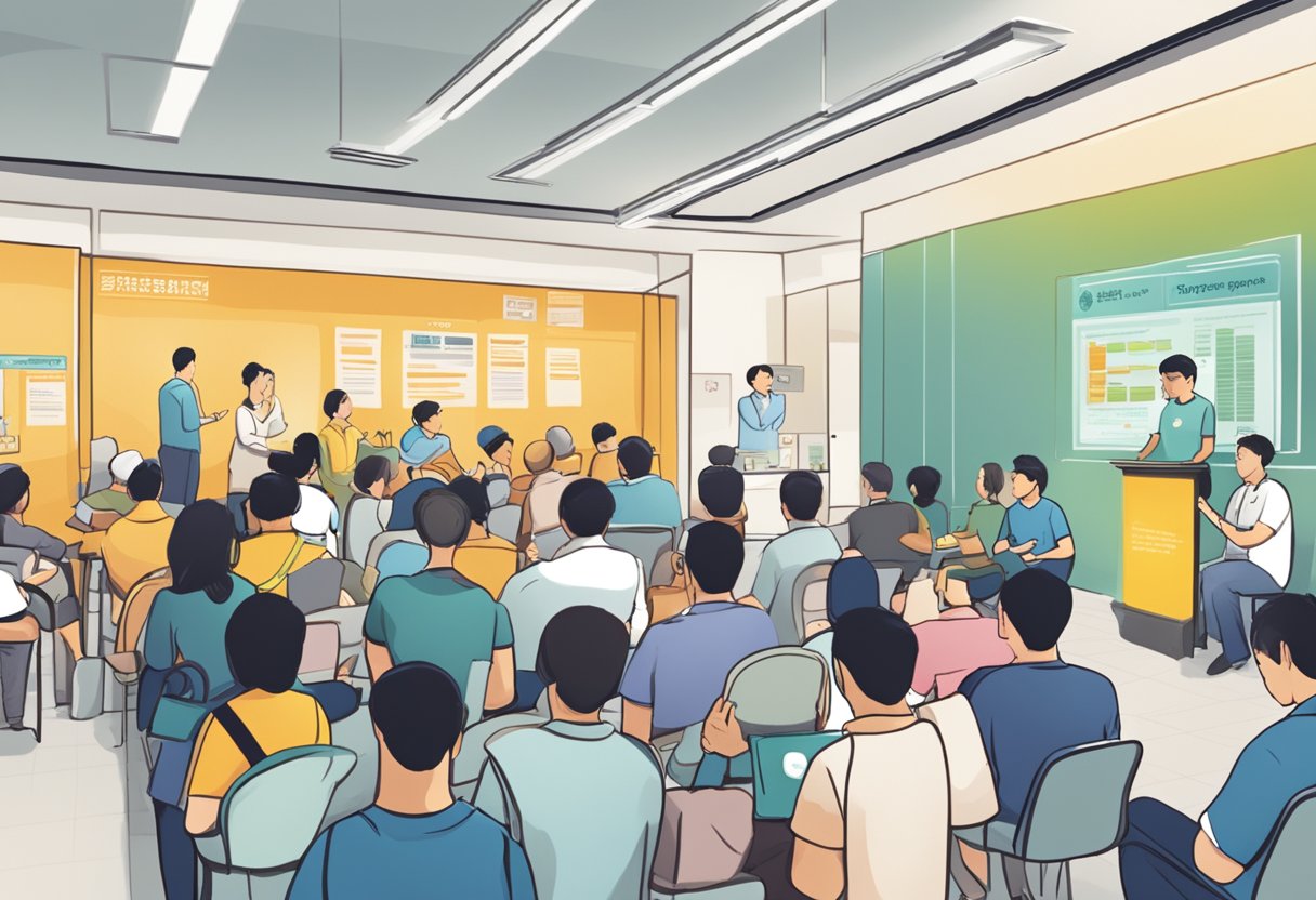 A crowded room with people seeking information, signage with "Frequently Asked Questions" and "Singapore Cancer Society" displayed prominently