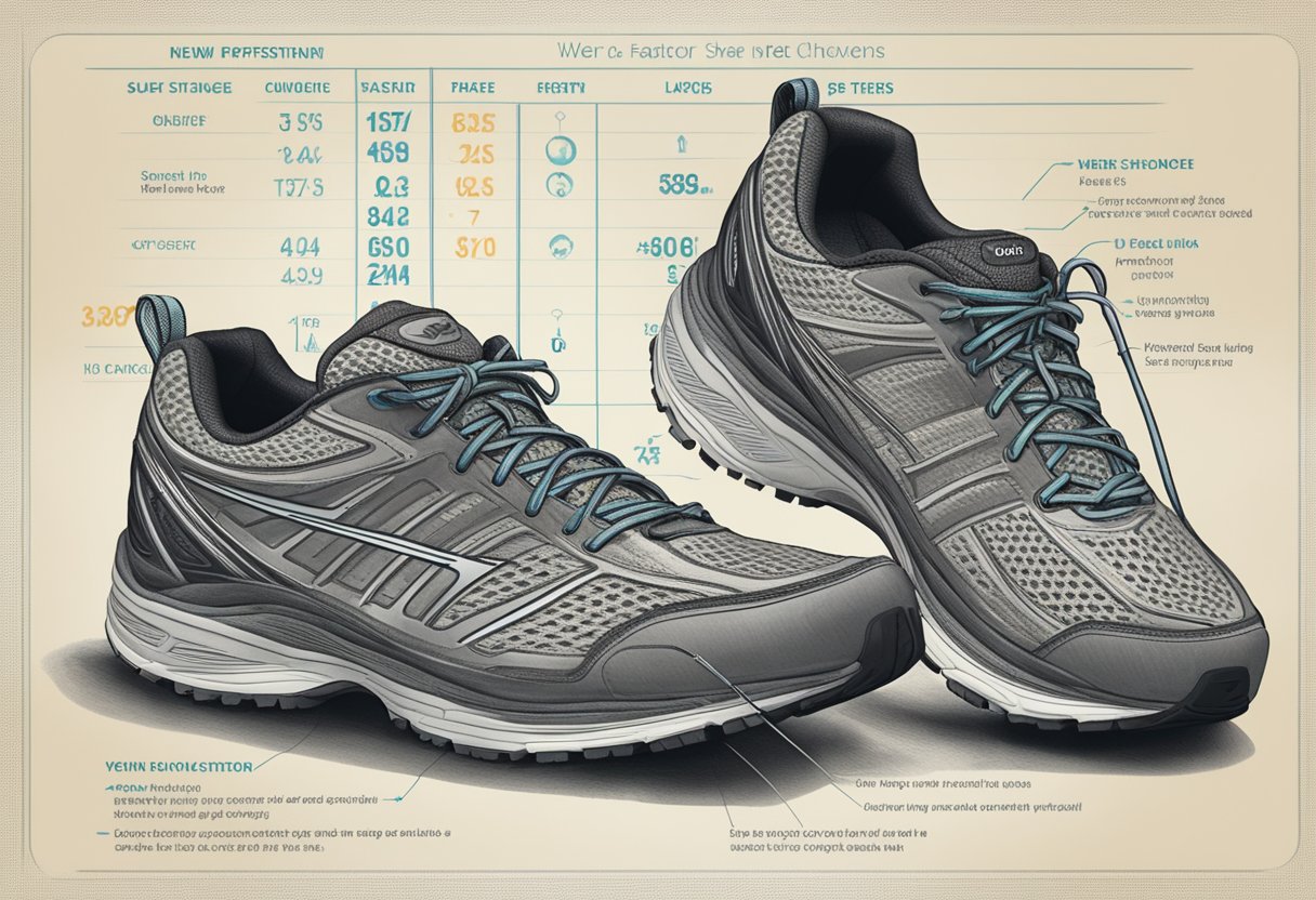 A worn-out running shoe next to a new pair, with a chart showing factors affecting wear rate in the background