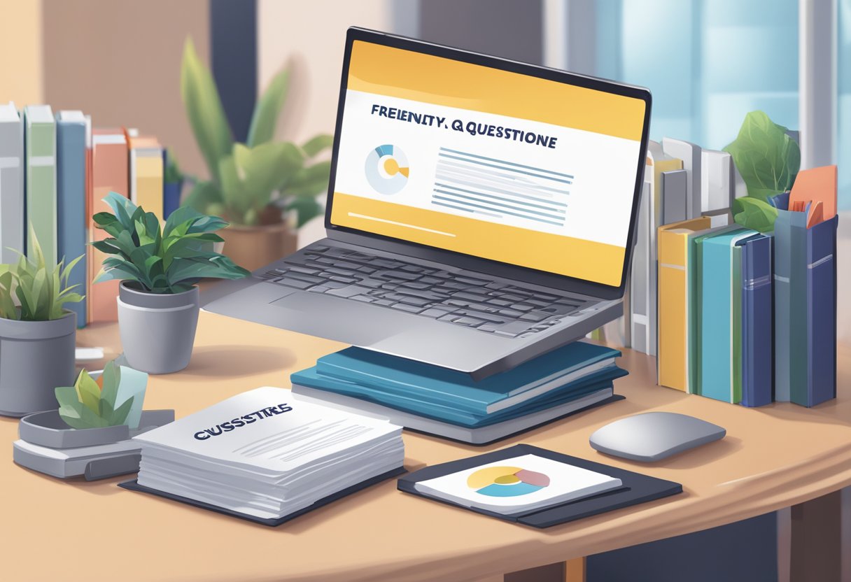 A stack of FAQ booklets with "Frequently Asked Questions cdg singapore" printed on the cover, surrounded by a computer, phone, and customer service desk