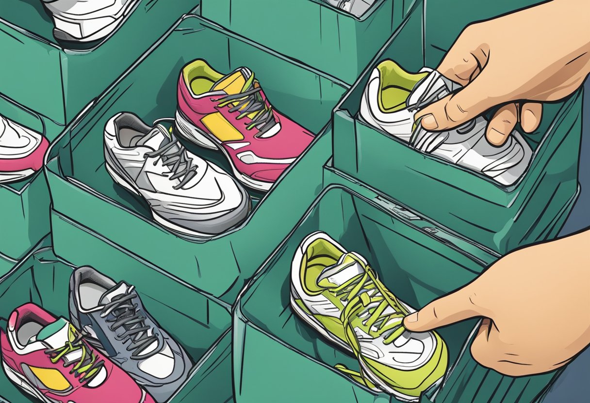 A pair of worn-out running shoes being placed into a recycling bin, with a new pair of shoes ready to be worn