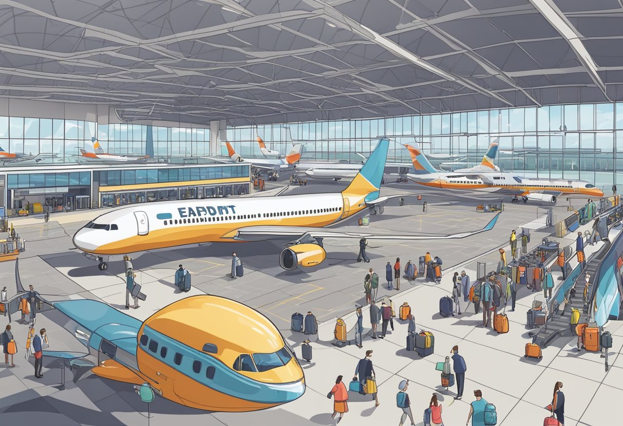 A bustling airport terminal with planes on the tarmac and passengers boarding. Luggage carts and bustling activity