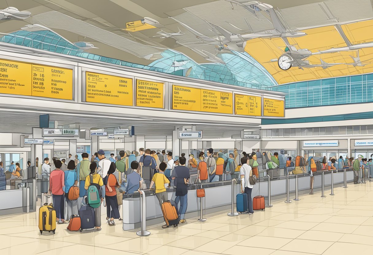 A bustling airport terminal with travelers in line at a help desk, signage for "Singapore to Ho Chi Minh" overhead
