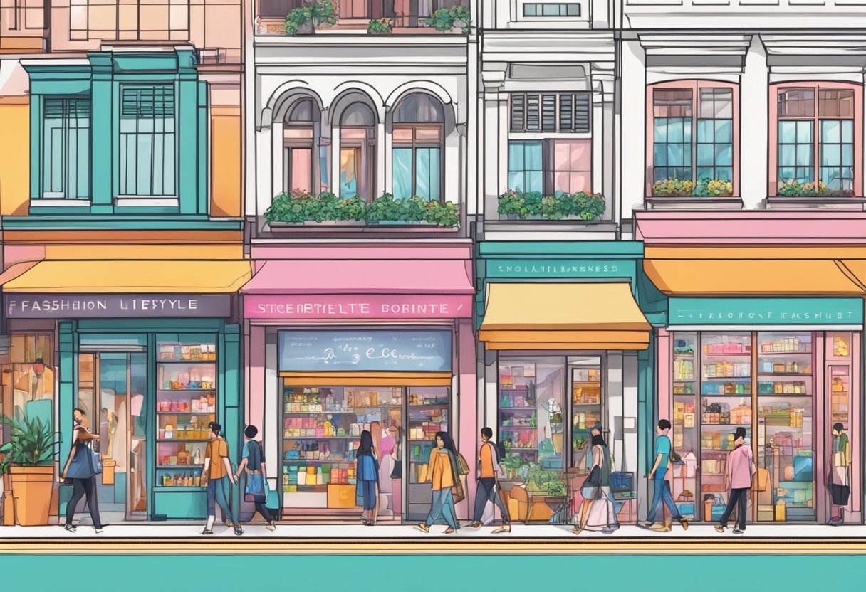 Vibrant storefronts of Singapore's fashion and lifestyle brands line a bustling street, showcasing modern designs and trendy products
