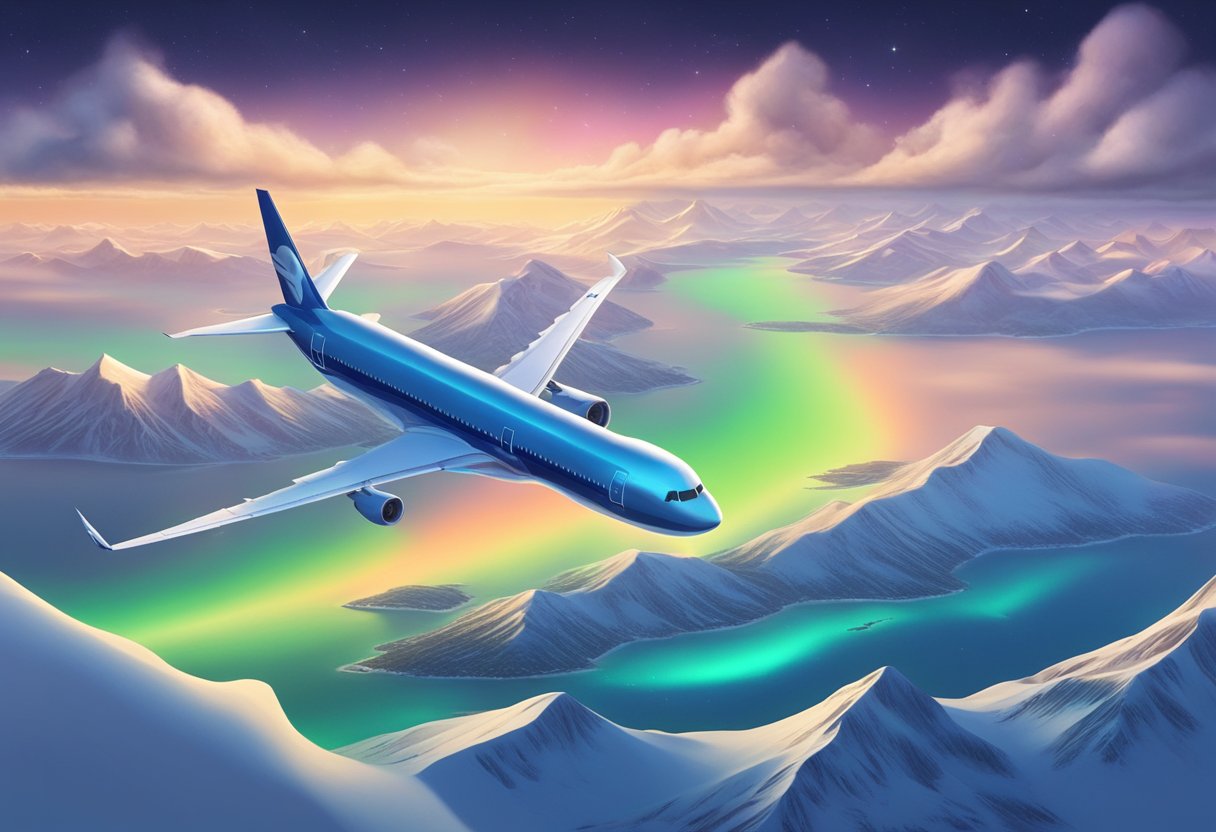 A plane flies from Singapore to Iceland over a vast expanse of ocean and snow-covered mountains, with the northern lights dancing in the sky