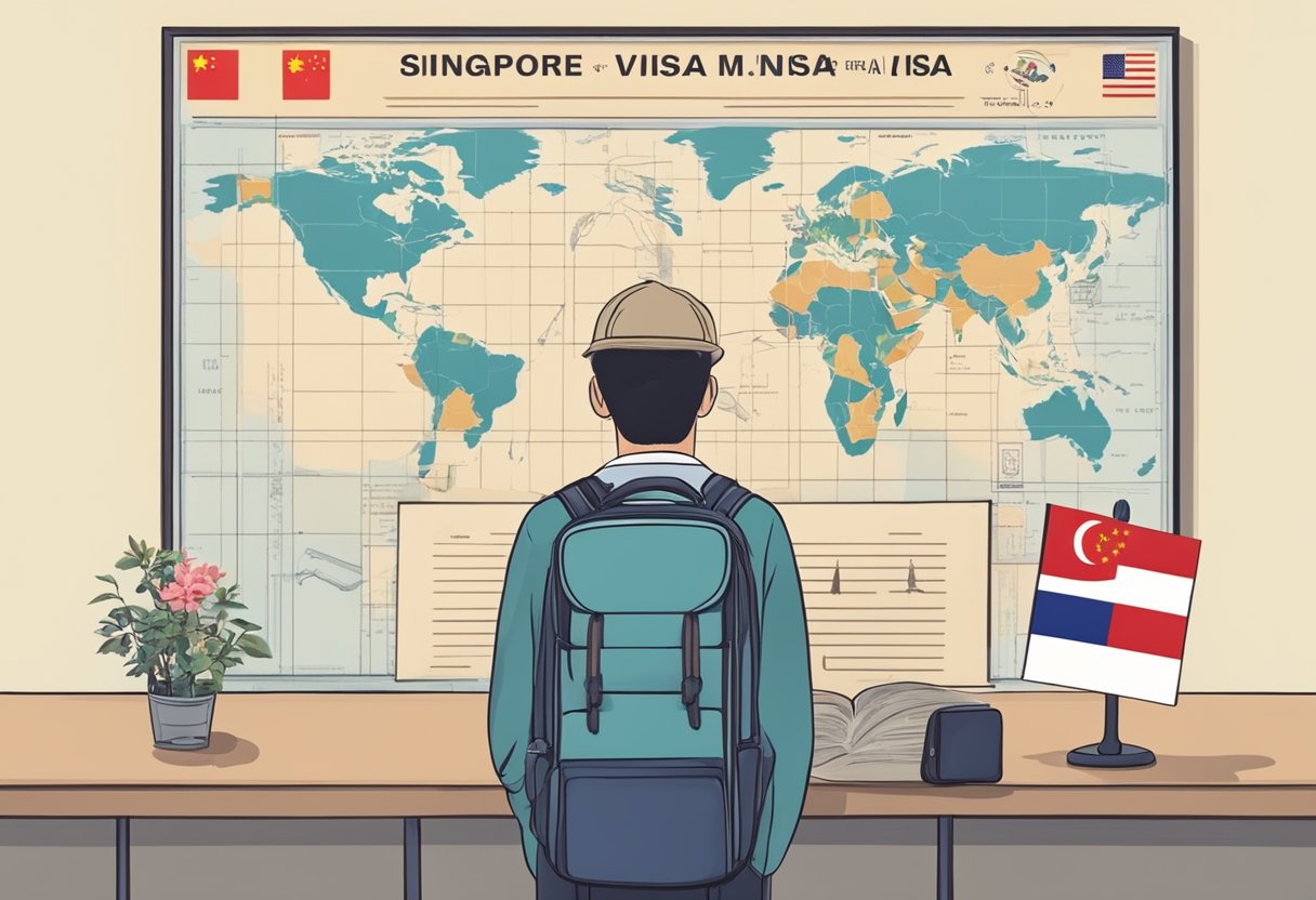 A traveler receives a Singapore visa to China, with both countries' flags and passport stamps