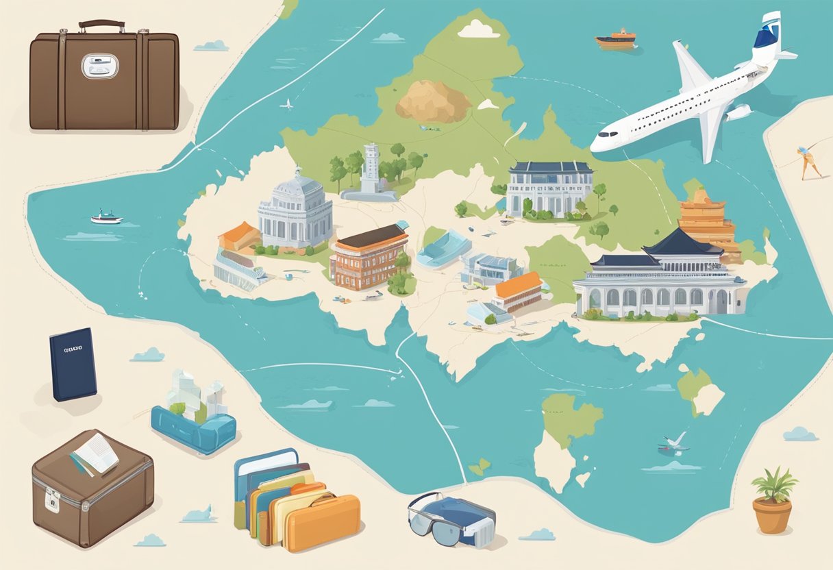 A map of Singapore and Iceland with a dotted line connecting the two destinations, surrounded by travel essentials like a passport, plane tickets, and a suitcase