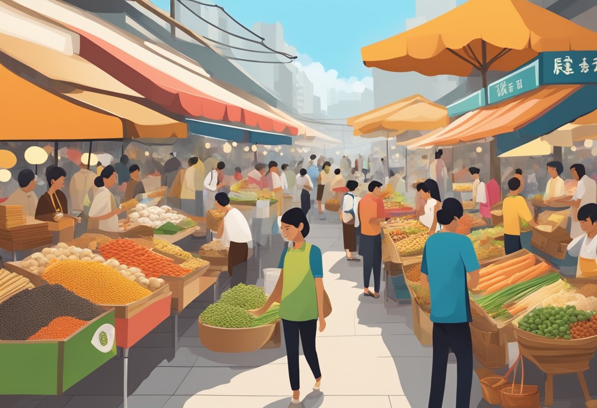 A bustling market with colorful displays of local food and products from Singapore brands. The aroma of spices and the chatter of shoppers fill the air