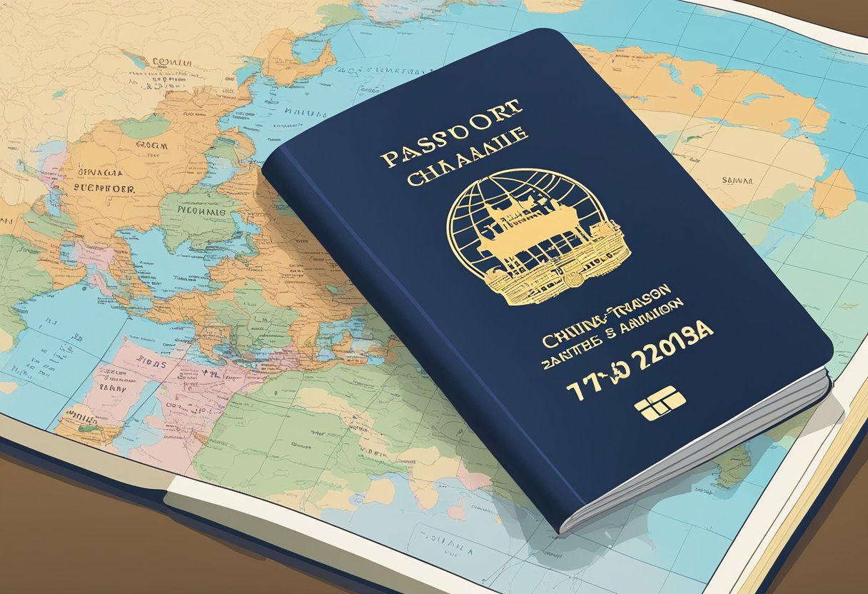 A passport with a Singapore visa stamp, a China travel guidebook, and a map of China
