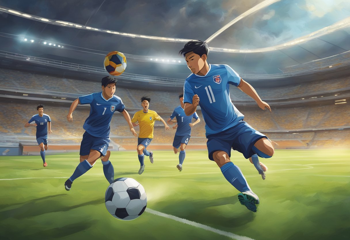 A soccer ball flies through the air towards the goal, as players from Singapore FC sprint across the field, determined to score