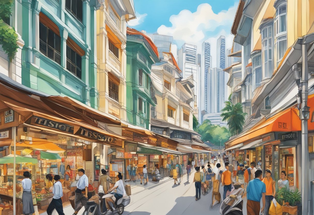 A bustling street in Singapore, lined with colorful shops and bustling with activity. The iconic Tissot sign stands out against the vibrant backdrop