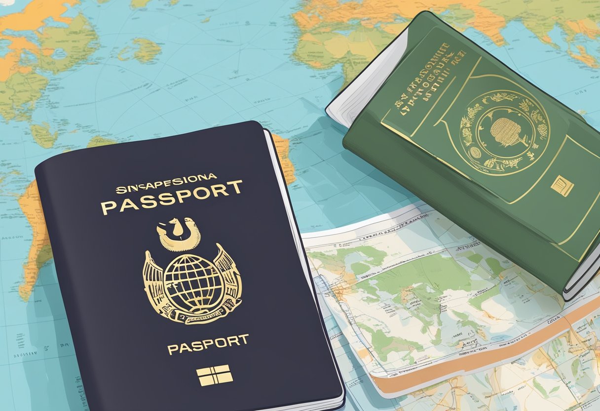 A Singaporean passport and a Chinese visa stamp on a desk, surrounded by travel documents and a world map
