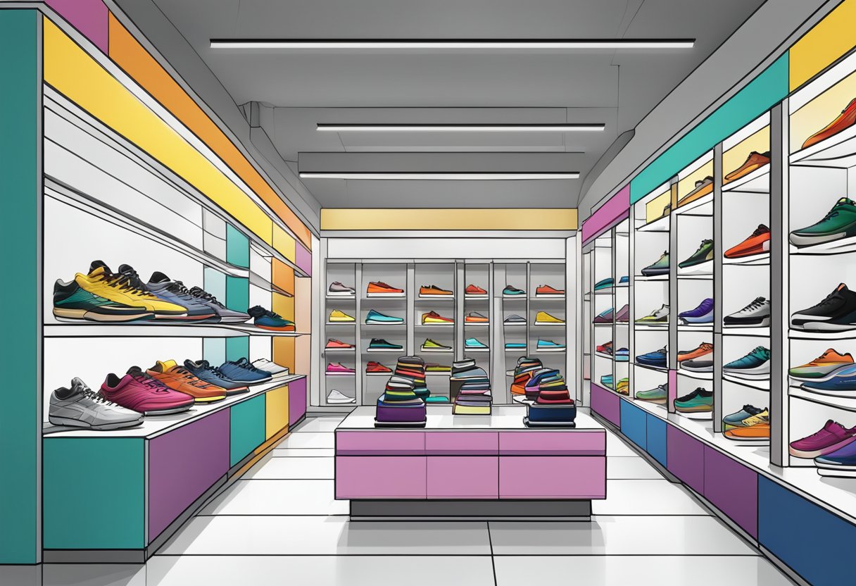 A brightly lit sneaker store in Singapore, with shelves lined with colorful shoes and a sleek, modern interior design