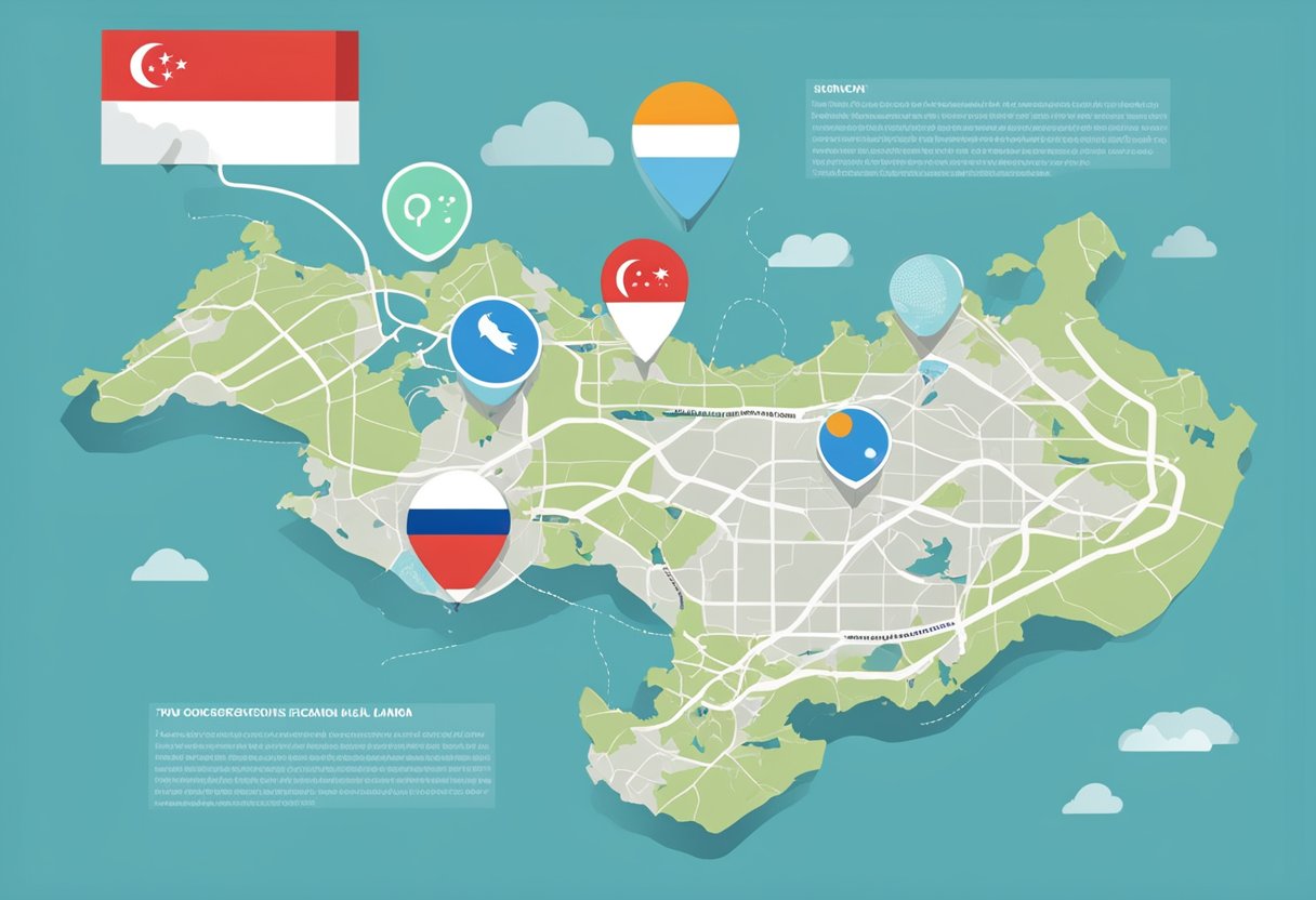 A map of Singapore and Iceland with a dotted line connecting the two countries, surrounded by question marks and a "FAQ" sign