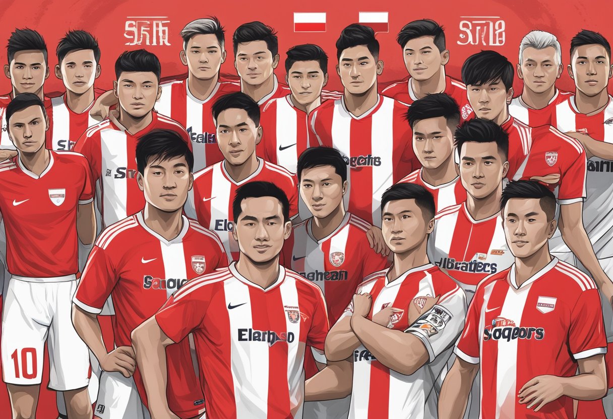 A group of soccer players in red and white uniforms stand together, with the Singapore FC logo displayed prominently behind them. The team's history is showcased through images of past victories and key players