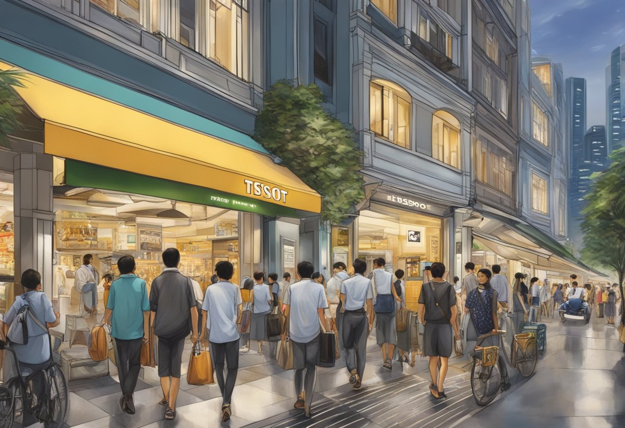 A bustling Singapore street with Tissot storefront, vibrant city lights, and diverse passersby
