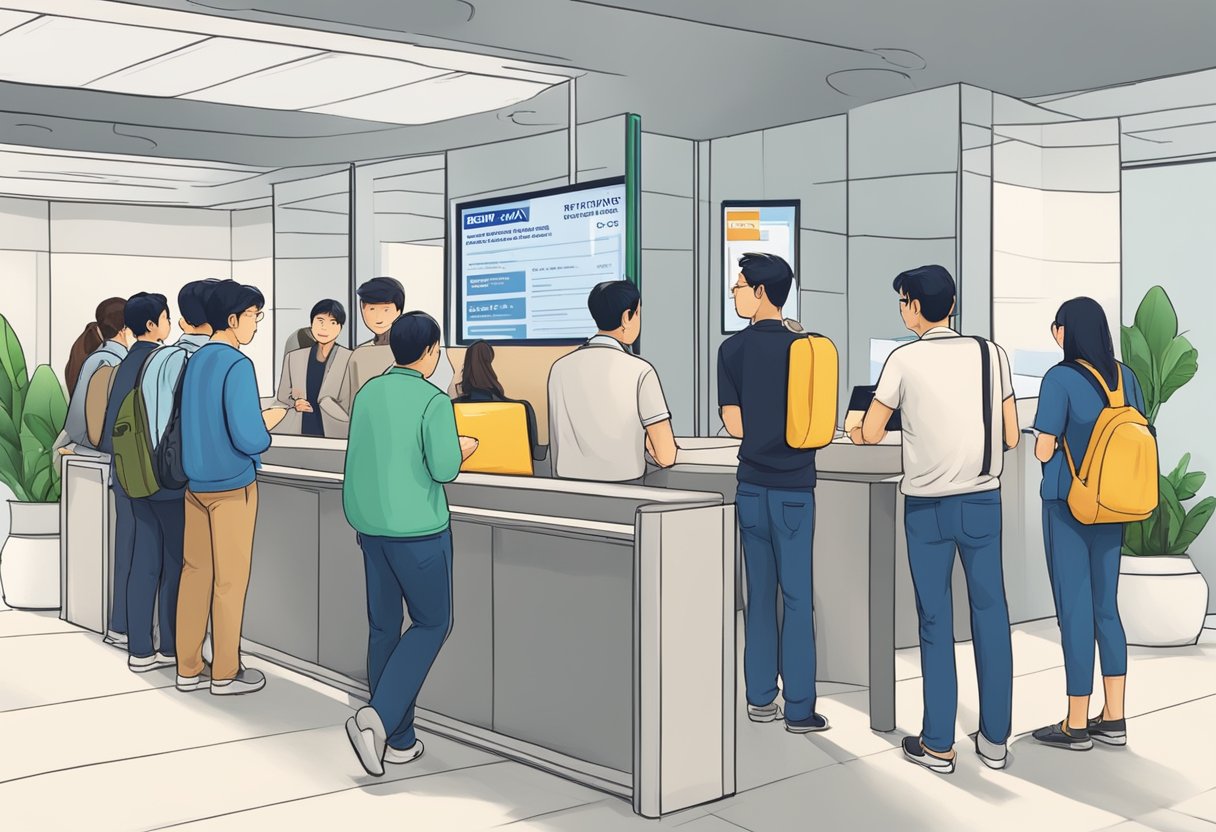 People lining up at a visa application center in Singapore, with a sign displaying "Frequently Asked Questions: Singapore visa to China."