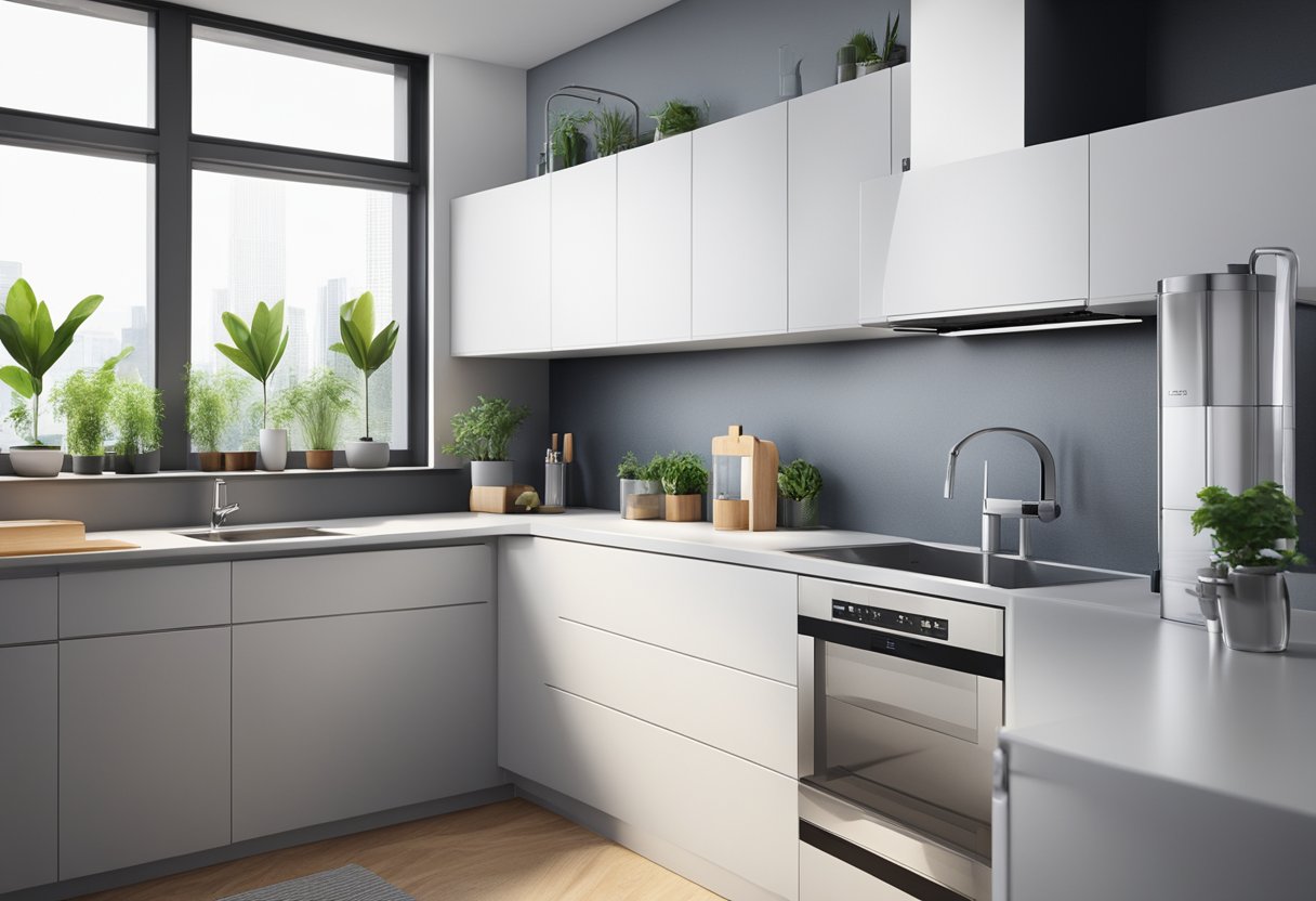 Clean water flows through a modern water filter in a Singaporean kitchen, with a sleek and compact design