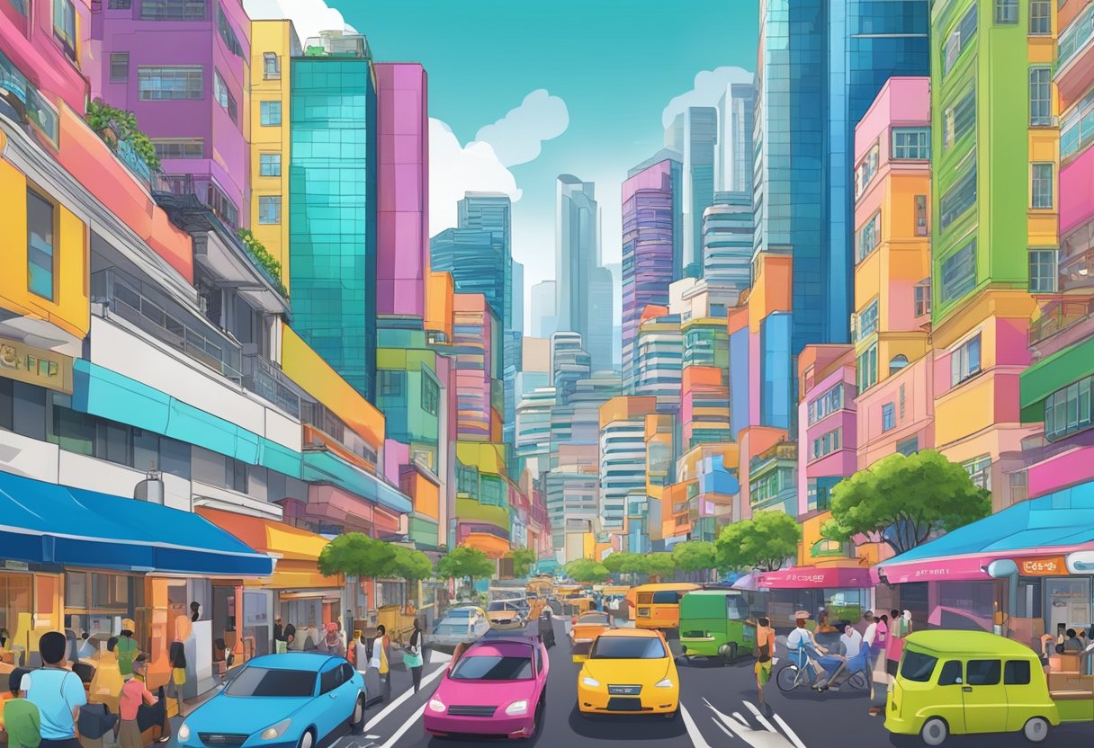 A bustling street in Singapore, with colorful buildings and busy traffic. The iconic CIBT Singapore office sign stands out against the vibrant cityscape