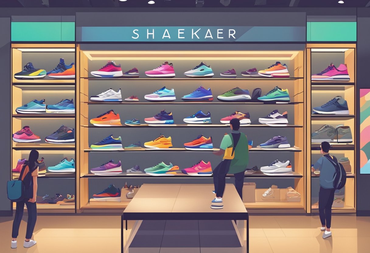 Customers browse colorful displays of sneakers in a modern Singapore sneaker store. Shelves are lined with the latest styles and brands, creating a vibrant and trendy atmosphere