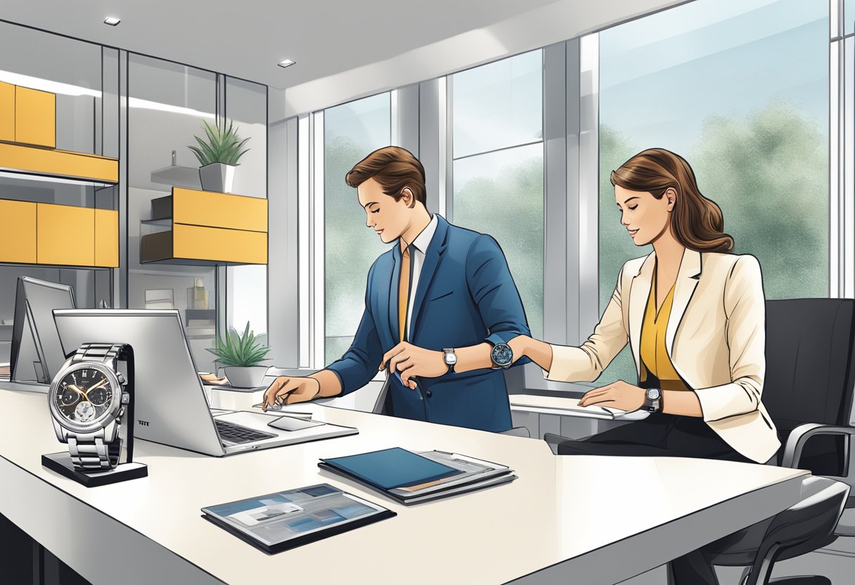 A customer service representative assists a client with a Tissot watch at a sleek, modern desk in a bright, airy showroom