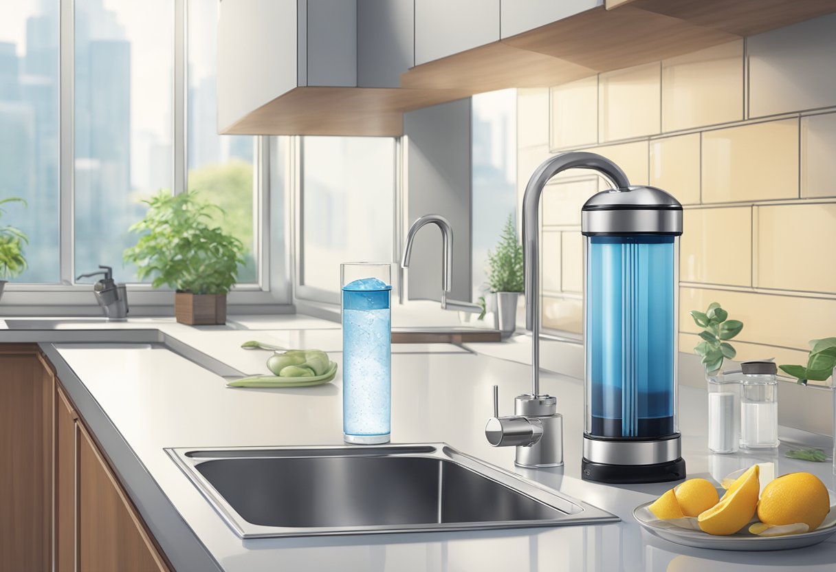 A water filter system sits on a kitchen counter in a Singaporean home, with a faucet attached and a clear glass filled with clean, filtered water