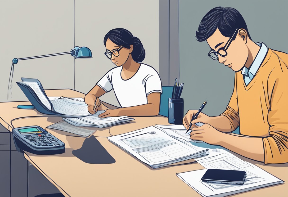 A person at a desk, filling out paperwork with a visa application form and passport, while a representative from CIBT Singapore provides assistance