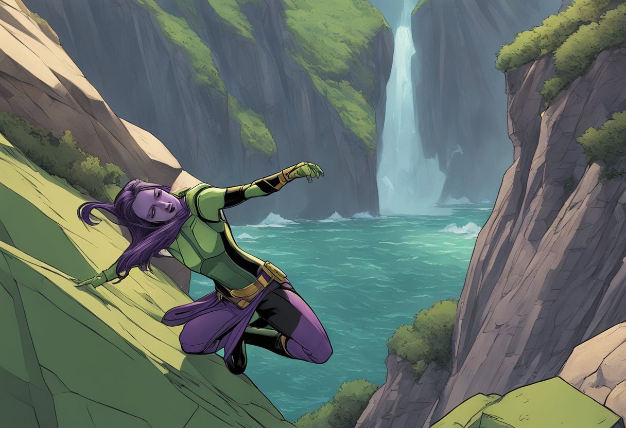 Gamora falls off a cliff, sacrificed by her father, Thanos, in the Infinity War Saga