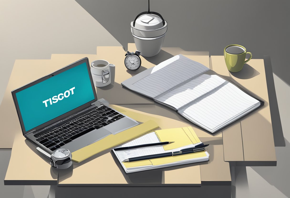 A table with a laptop, pen, and notebook. A sign with "Frequently Asked Questions tissot singapore" displayed prominently