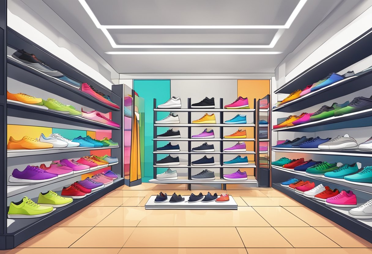 A brightly lit sneaker store with shelves of trendy shoes, colorful displays, and a sleek, modern interior design