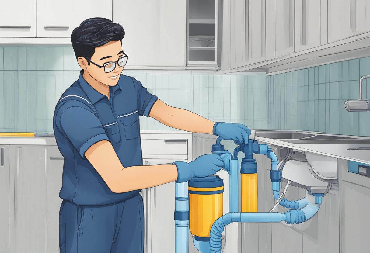 A technician installs and maintains a water filter in a Singaporean home