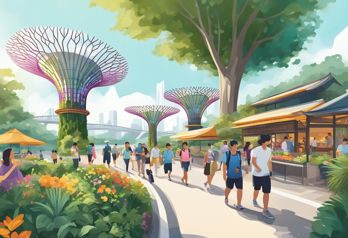 People strolling through Gardens by the Bay, Marina Bay Sands, and Chinatown. Enjoying hawker center food, shopping on Orchard Road, and exploring Sentosa Island