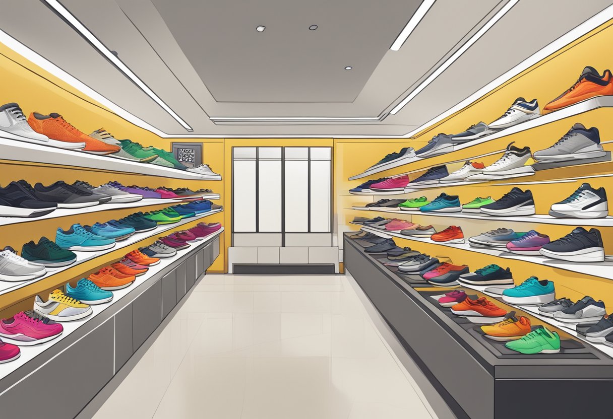 A brightly lit sneaker store in Singapore with shelves of shoes, a display of popular brands, and a sign reading "Frequently Asked Questions."