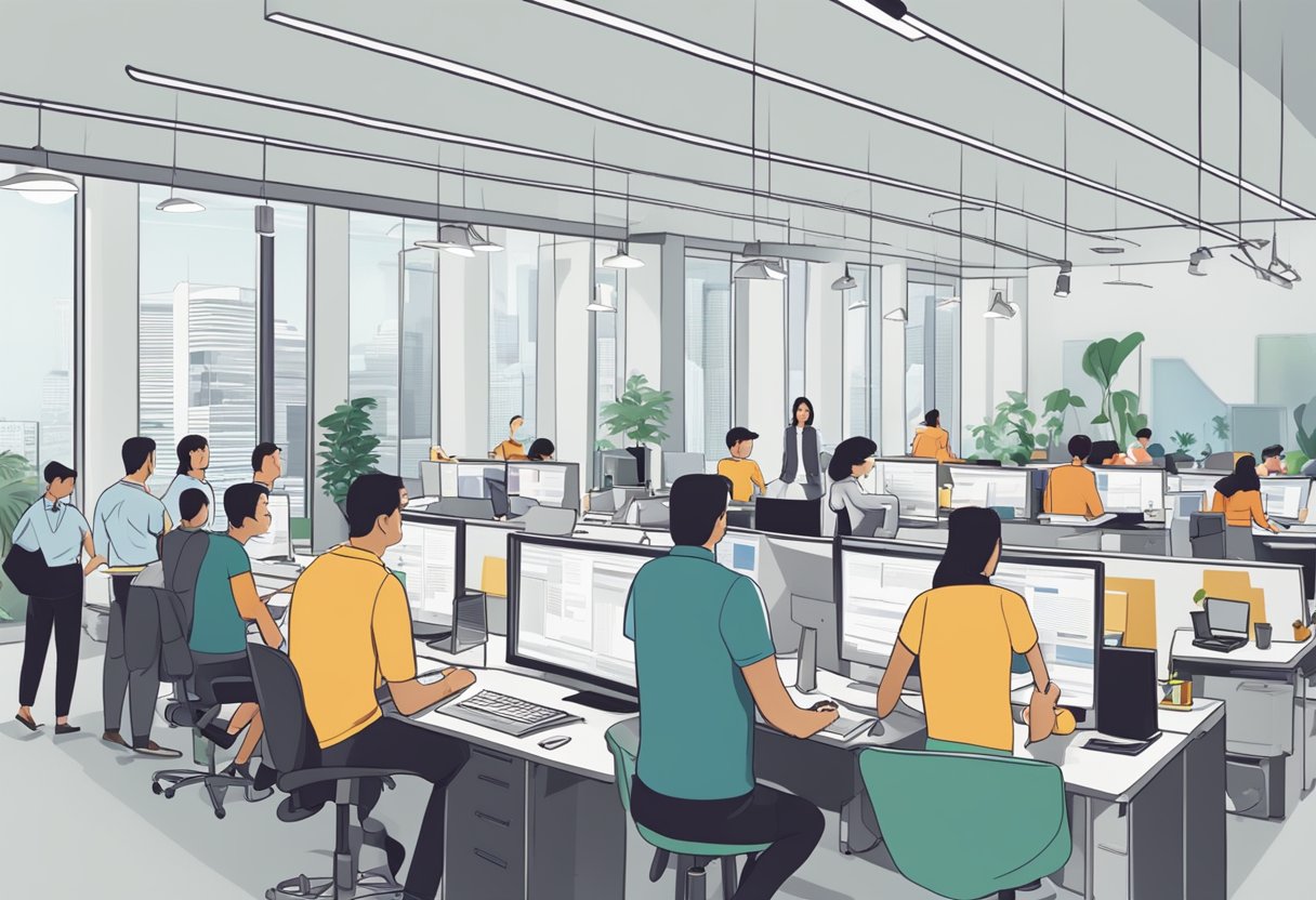 A bustling office setting with people at desks, a sign reading "Frequently Asked Questions cibt singapore," and a line of customers waiting for assistance