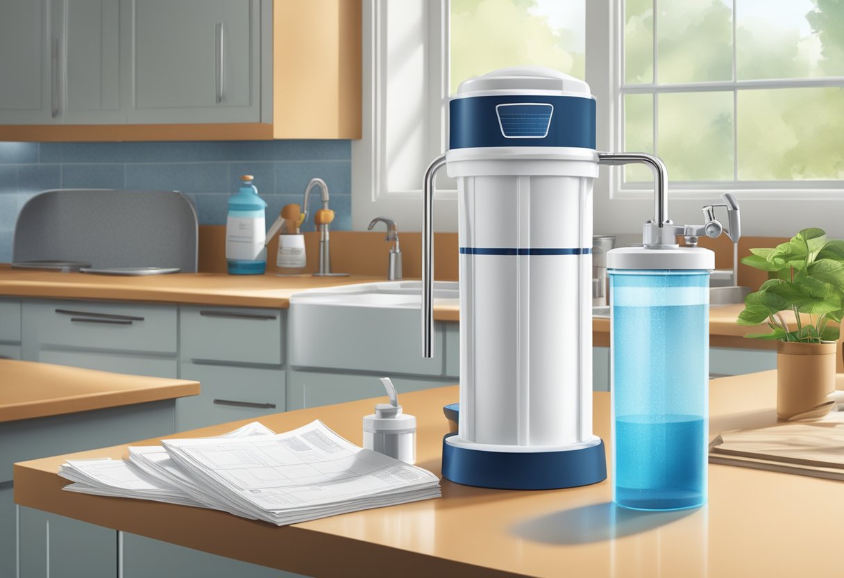 A water filter sitting on a kitchen countertop with a faucet in the background, surrounded by various types of water containers and a stack of pamphlets labeled "Frequently Asked Questions."