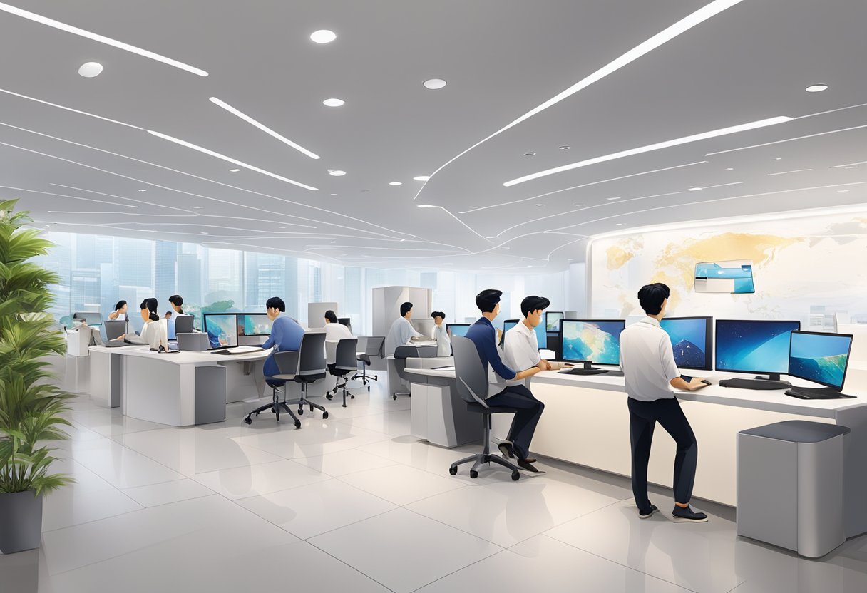 The Huawei service center in Singapore is bustling with customers and staff, with sleek modern decor and bright branding